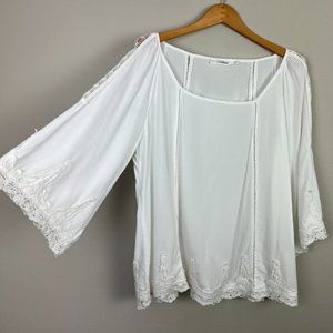 Solitaire‎ Top Womens 3X Plus White Crochet Ladder Lace Sheer 3/4 Sleeve Rayon